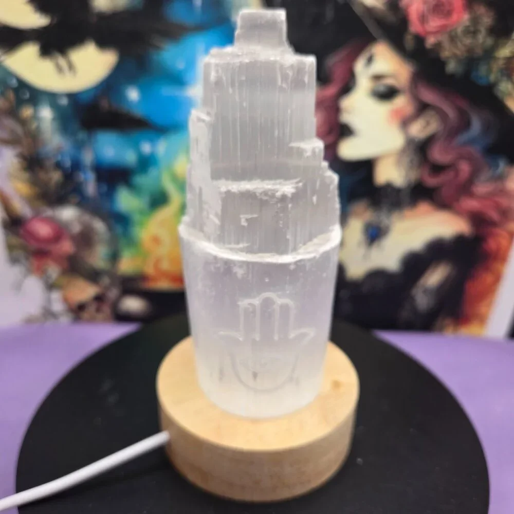 Selenite Crystal Tower 7-Color Changing LED Lamp etched with Hamsa Hand Evil Eye
